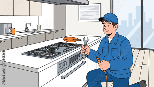 Flat vector illustration of a repairman repairing a home gas stove, ideal for kitchen appliance services, safety guides, maintenance brochures, and household repair visuals