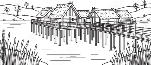 Ancient lake dwelling village illustration with multiple stilt houses and wooden walkways on water