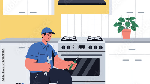 Flat vector illustration of a repairman repairing a home gas stove, ideal for kitchen appliance services, safety guides, maintenance brochures, and household repair visuals