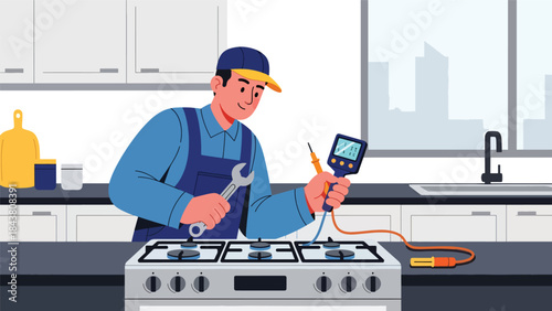 Flat vector illustration of a repairman repairing a home gas stove, ideal for kitchen appliance services, safety guides, maintenance brochures, and household repair visuals
