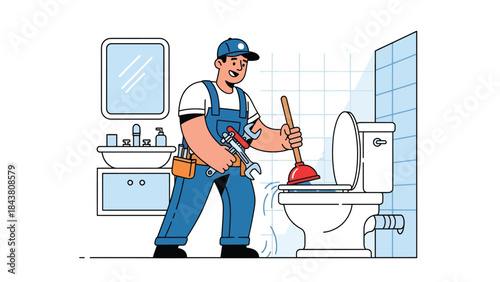 Modern flat vector illustration of a plumber unclogging a toilet with tools, ideal for plumbing services, emergency repair ads, home maintenance visuals, and service branding