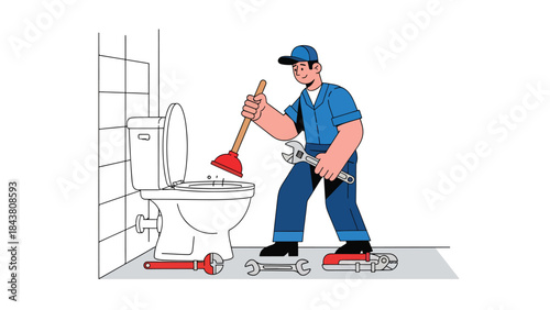 Modern flat vector illustration of a plumber unclogging a toilet with tools, ideal for plumbing services, emergency repair ads, home maintenance visuals, and service branding
