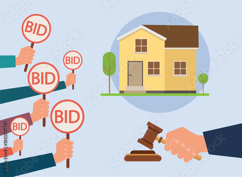 People holding auction paddle. Selling or buying a new house. Bid plate. Auction competition