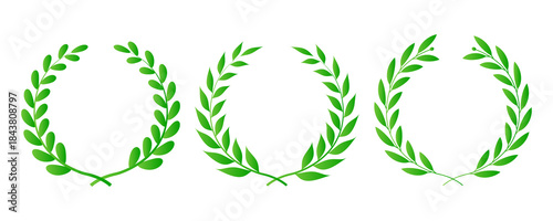 Green laurel wreath. Green silhouette laurel foliate wreaths, award, achievement, chaplet, heraldry, nobility. Green leaf silhouette on PNG.
