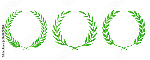 Green laurel wreath. Green silhouette laurel foliate wreaths, award, achievement, chaplet, heraldry, nobility. Green leaf silhouette on PNG.