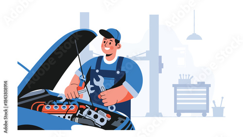 Flat vector illustration of a repairman repairing a car engine with open hood, ideal for automotive workshops, mechanical services, repair manuals, and vehicle maintenance visuals