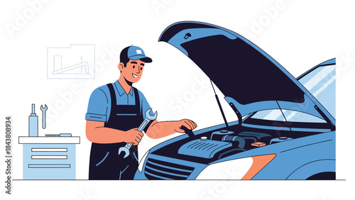 Flat vector illustration of a repairman repairing a car engine with open hood, ideal for automotive workshops, mechanical services, repair manuals, and vehicle maintenance visuals