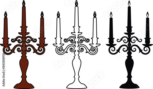 Three ornate candle holders with five candles in brown black and white colors