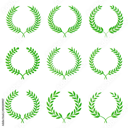 Green laurel wreath. Green silhouette laurel foliate wreaths, award, achievement, chaplet, heraldry, nobility. Green leaf silhouette on PNG.