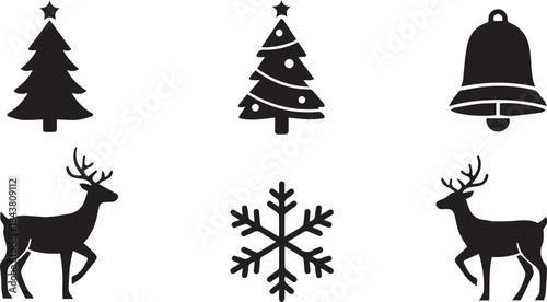 Set of christmas silhouettes including reindeer snowflakes bells and trees