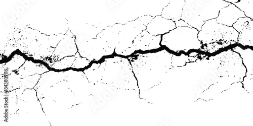 Cracked white surface texture. Black and white grunge background with cracks. Cracks transparent background. Very cracked wall shabby surface for making brush white background. 