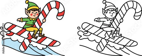 Playful Christmas Elf Surfing on a Candy Cane Board Festive Holiday Cartoon Vector Illustration for Kids