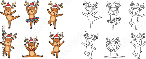 Set of Cute Dancing Reindeer Cartoons in Various Poses for Christmas Holiday Designs