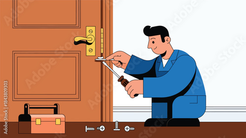 Modern flat vector illustration of a repairman fixing a wooden door hinge, ideal for home improvement visuals, maintenance guides, handyman services, and repair branding