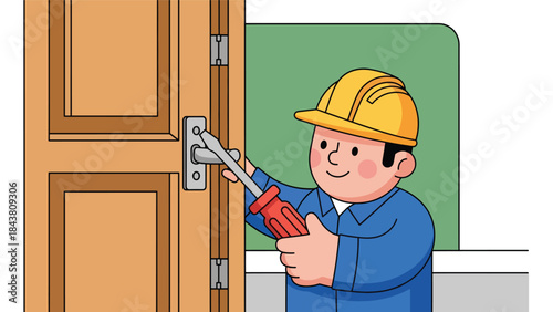 Modern flat vector illustration of a repairman fixing a wooden door hinge, ideal for home improvement visuals, maintenance guides, handyman services, and repair branding