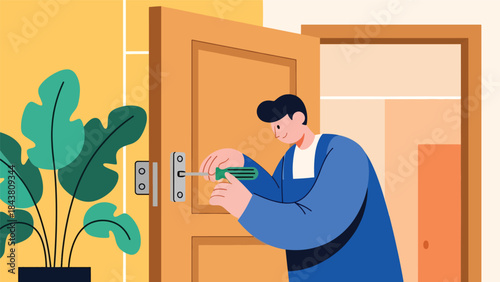 Modern flat vector illustration of a repairman fixing a wooden door hinge, ideal for home improvement visuals, maintenance guides, handyman services, and repair branding
