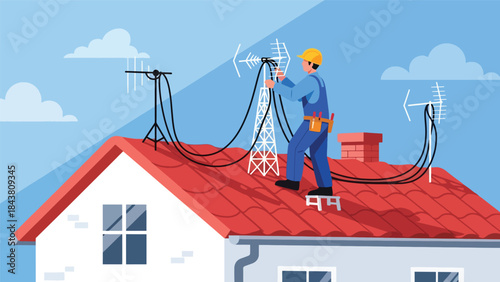 Flat vector illustration of a repairman fixing TV antennas and cables on a rooftop, ideal for telecom services, installation guides, maintenance visuals, and technical branding