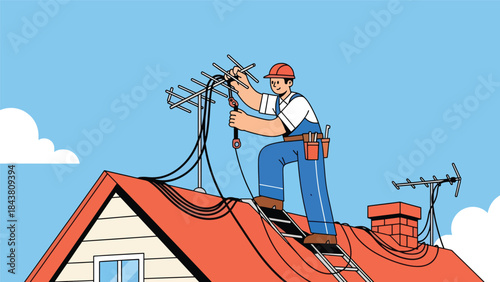 Flat vector illustration of a repairman fixing TV antennas and cables on a rooftop, ideal for telecom services, installation guides, maintenance visuals, and technical branding