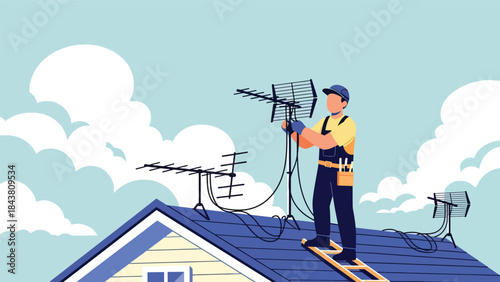 Flat vector illustration of a repairman fixing TV antennas and cables on a rooftop, ideal for telecom services, installation guides, maintenance visuals, and technical branding