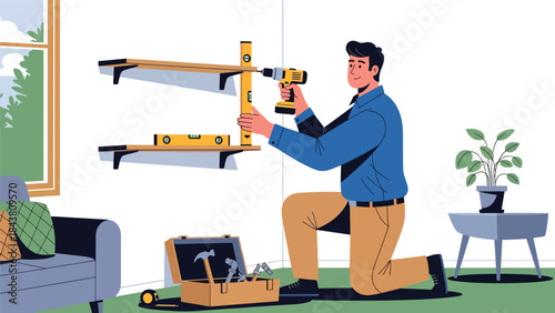 Flat vector illustration of a repairman installing wall shelves using drill and level tool, ideal for home improvement visuals, furniture installation guides, and handyman services