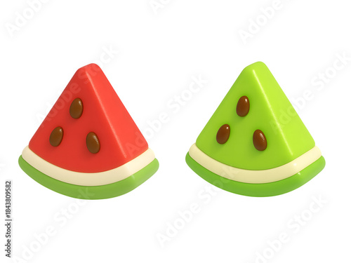 A vibrant red watermelon slice, playfully stylized with brown seeds and a fresh green rind isolated on transparent background, illustration