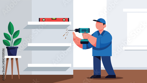 Flat vector illustration of a repairman installing wall shelves using drill and level tool, ideal for home improvement visuals, furniture installation guides, and handyman services