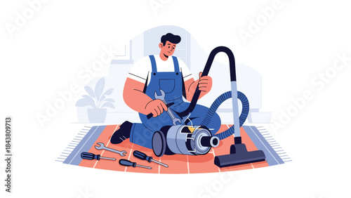 Modern flat vector illustration of a repairman repairing a vacuum cleaner motor, ideal for appliance services, maintenance manuals, household repair ads, and service branding