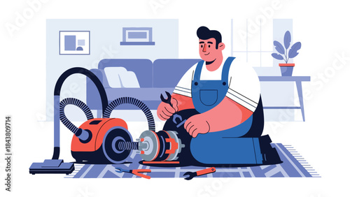 Modern flat vector illustration of a repairman repairing a vacuum cleaner motor, ideal for appliance services, maintenance manuals, household repair ads, and service branding