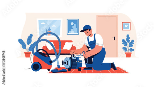 Modern flat vector illustration of a repairman repairing a vacuum cleaner motor, ideal for appliance services, maintenance manuals, household repair ads, and service branding