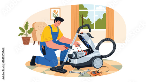 Modern flat vector illustration of a repairman repairing a vacuum cleaner motor, ideal for appliance services, maintenance manuals, household repair ads, and service branding