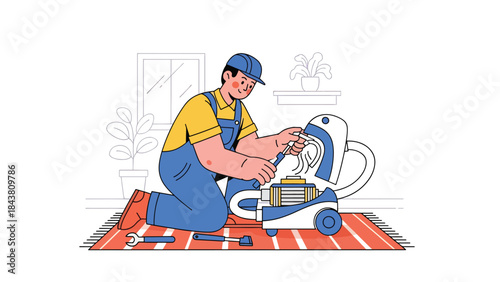 Modern flat vector illustration of a repairman repairing a vacuum cleaner motor, ideal for appliance services, maintenance manuals, household repair ads, and service branding