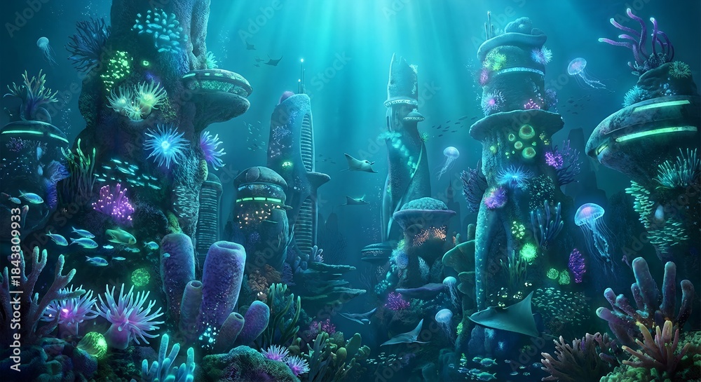 Fototapeta premium Futuristic underwater city with glowing coral and marine life background