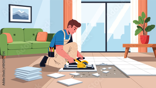 Modern flat vector illustration of a repairman replacing broken floor tiles, ideal for renovation visuals, construction services, home improvement guides, and repair branding