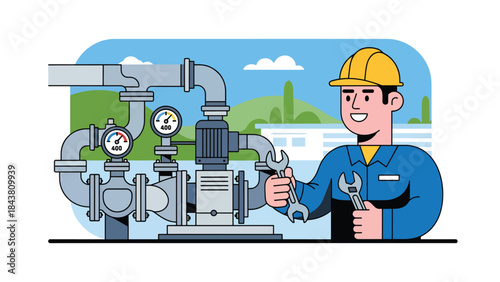 Flat vector illustration of a repairman maintaining a water pump system with pipes and gauges, ideal for industrial services, plumbing visuals, maintenance manuals, and branding