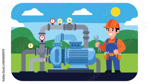 Flat vector illustration of a repairman maintaining a water pump system with pipes and gauges, ideal for industrial services, plumbing visuals, maintenance manuals, and branding