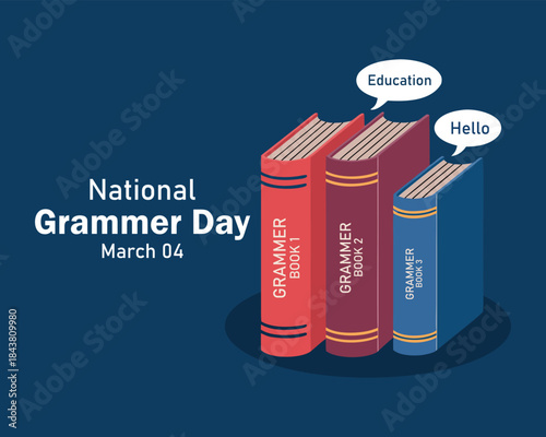 National Grammar Day. March 4, National grammar day celebration banner, card with multiple books in different colour. National grammar day simple and decent conceptual banner for the better learning.