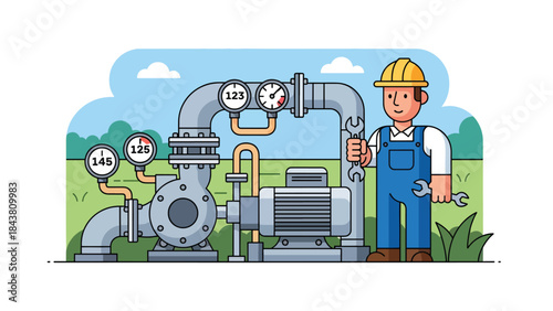 Flat vector illustration of a repairman maintaining a water pump system with pipes and gauges, ideal for industrial services, plumbing visuals, maintenance manuals, and branding