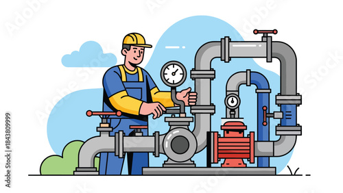 Flat vector illustration of a repairman maintaining a water pump system with pipes and gauges, ideal for industrial services, plumbing visuals, maintenance manuals, and branding