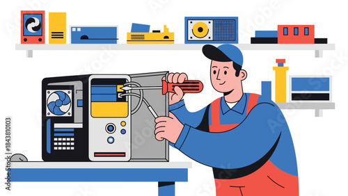 Flat vector illustration of a repairman fixing a desktop computer with open case, ideal for IT services, tech support visuals, electronics repair ads, and maintenance guides