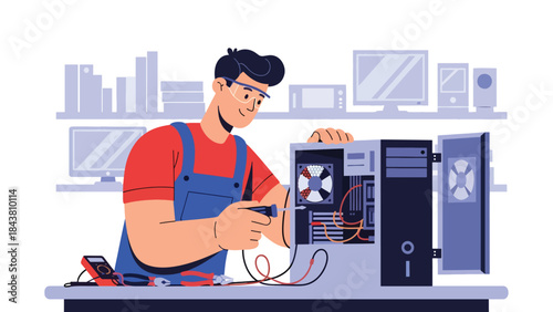 Flat vector illustration of a repairman fixing a desktop computer with open case, ideal for IT services, tech support visuals, electronics repair ads, and maintenance guides