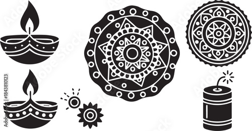 Diwali festival symbols silhouette diyas rangoli firecracker gears for celebration