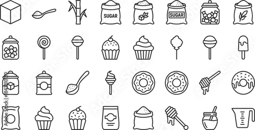 Black and white line art icons representing various sugar products sweets and baking ingredients collection