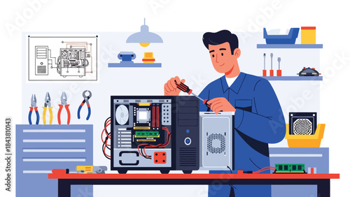 Flat vector illustration of a repairman fixing a desktop computer with open case, ideal for IT services, tech support visuals, electronics repair ads, and maintenance guides