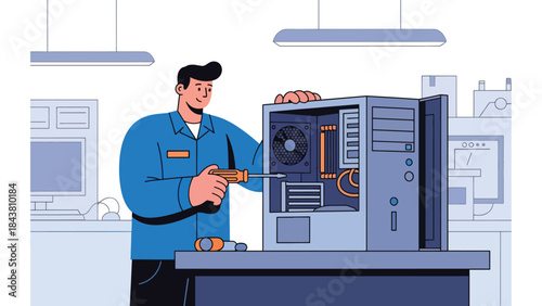 Flat vector illustration of a repairman fixing a desktop computer with open case, ideal for IT services, tech support visuals, electronics repair ads, and maintenance guides