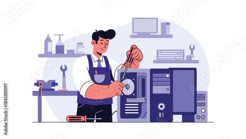 Flat vector illustration of a repairman fixing a desktop computer with open case, ideal for IT services, tech support visuals, electronics repair ads, and maintenance guides
