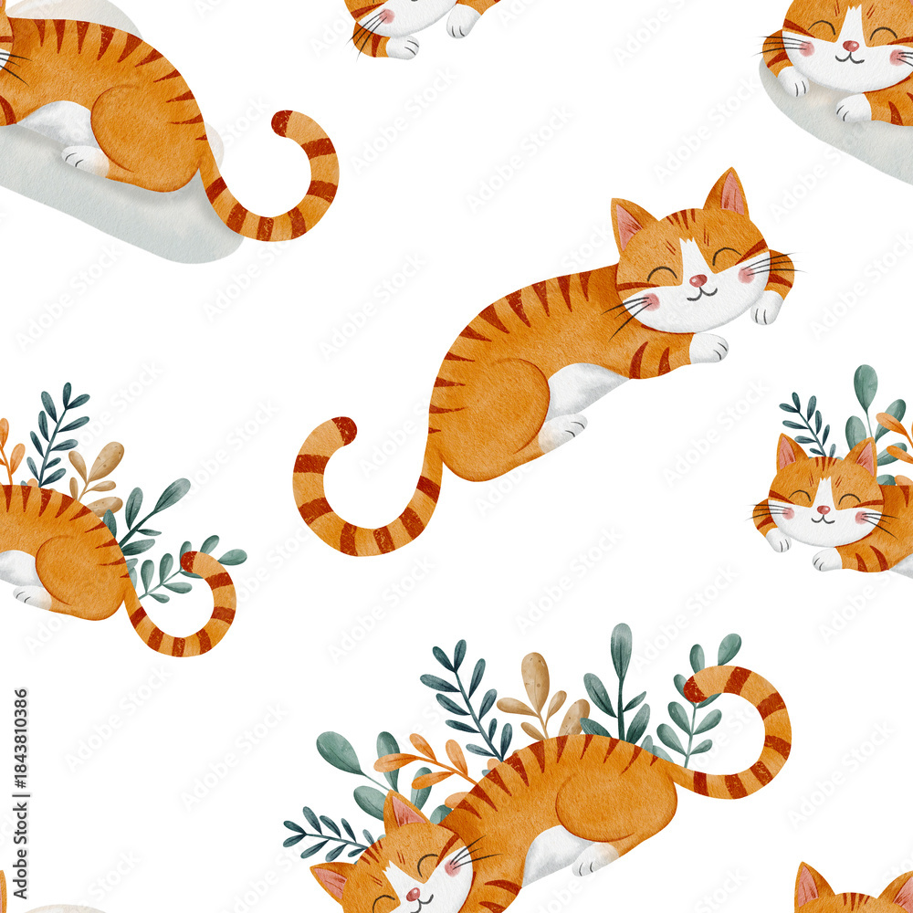 Fototapeta premium Cute watercolor seamless pattern with sleeping ginger cats and floral leaves on white background. Hand painted nursery animal illustration, perfect for kids textiles, wrapping paper and decor.