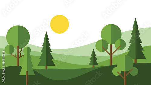 Modern flat vector forest landscape with stylized trees and layered hills in solid natural colors, ideal for nature prints, branding assets, backgrounds, and environmental projects