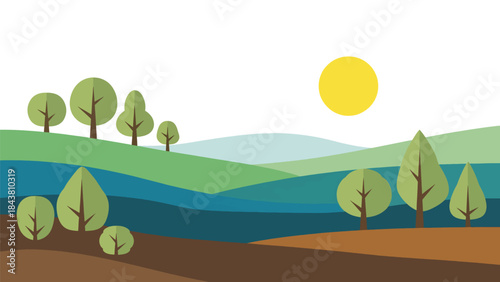 Modern flat vector forest landscape with stylized trees and layered hills in solid natural colors, ideal for nature prints, branding assets, backgrounds, and environmental projects