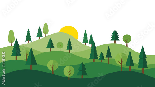 Modern flat vector forest landscape with stylized trees and layered hills in solid natural colors, ideal for nature prints, branding assets, backgrounds, and environmental projects