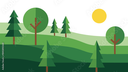 Modern flat vector forest landscape with stylized trees and layered hills in solid natural colors, ideal for nature prints, branding assets, backgrounds, and environmental projects